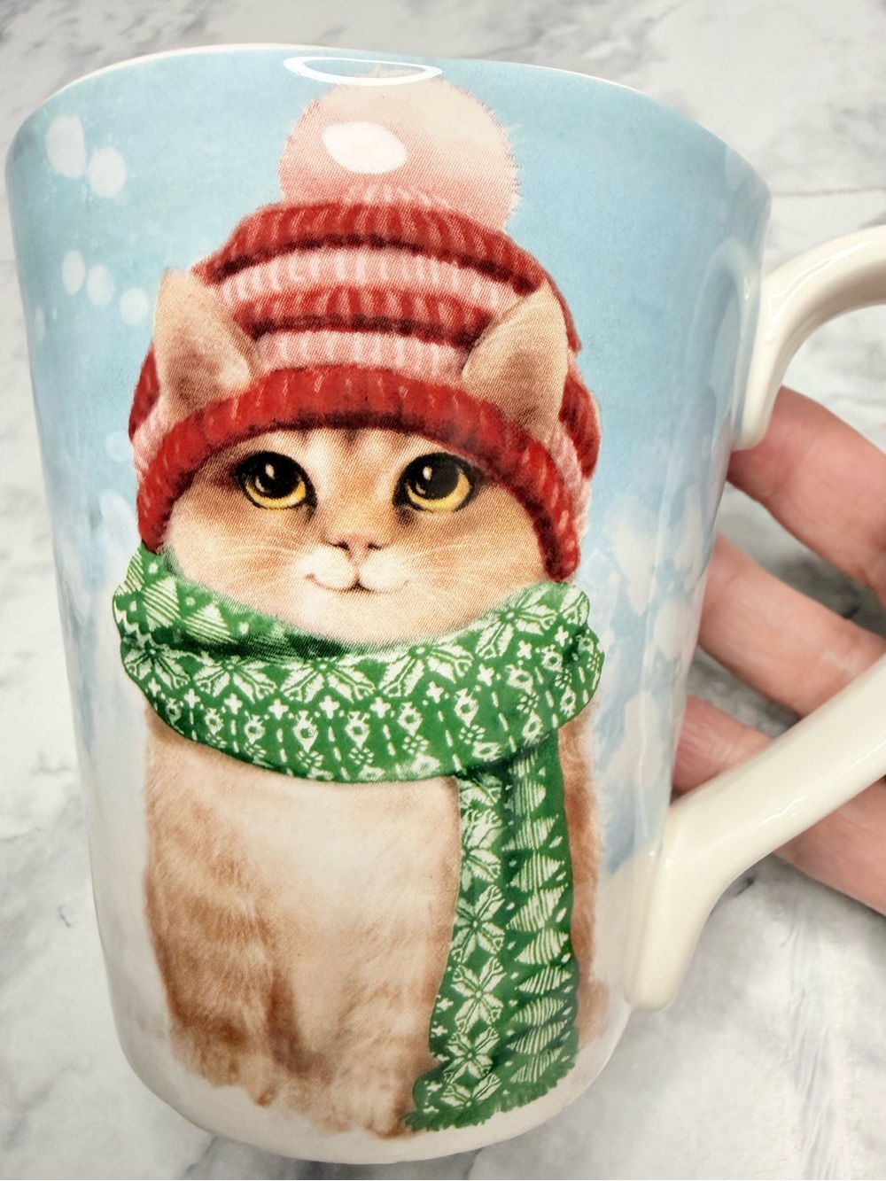 Pier 1 Imports Whimsical Tabby Cat w/ Green Scarf &Red Hat Ironstone Holiday Mug
